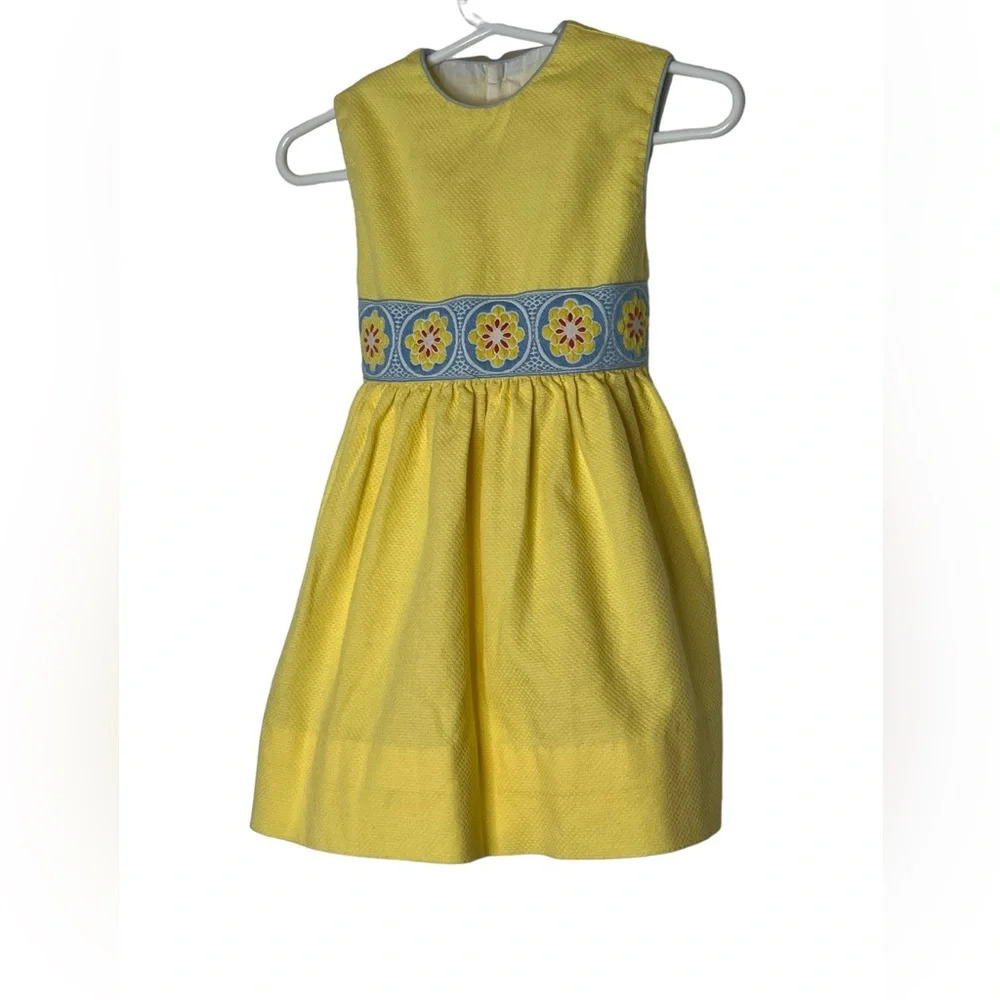 Little Follies girls yellow blue floral embroidered belt dress sz 1 12m